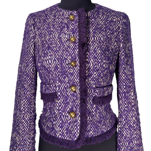 J. Crew Women's Jacket Purple Fringe Textured Wool Blend Gold Button Coat Size 2 - Picture 4 of 9